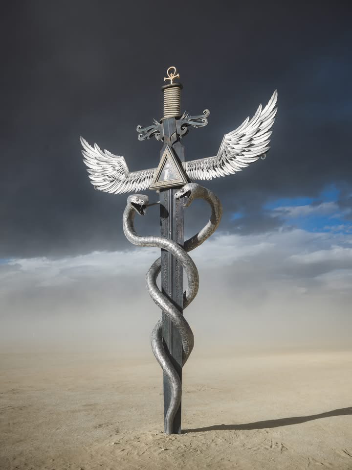 For They Know Not What They Do — Jai Hackl’s monumental steel sculpture beneath a dramatic desert sky